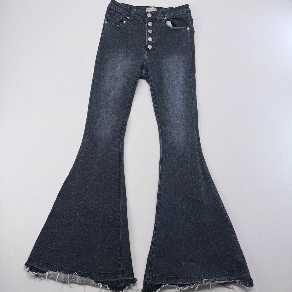 Altar'd State Womens Black High Rise Button Fly Raw Hem Flare Jeans Size S